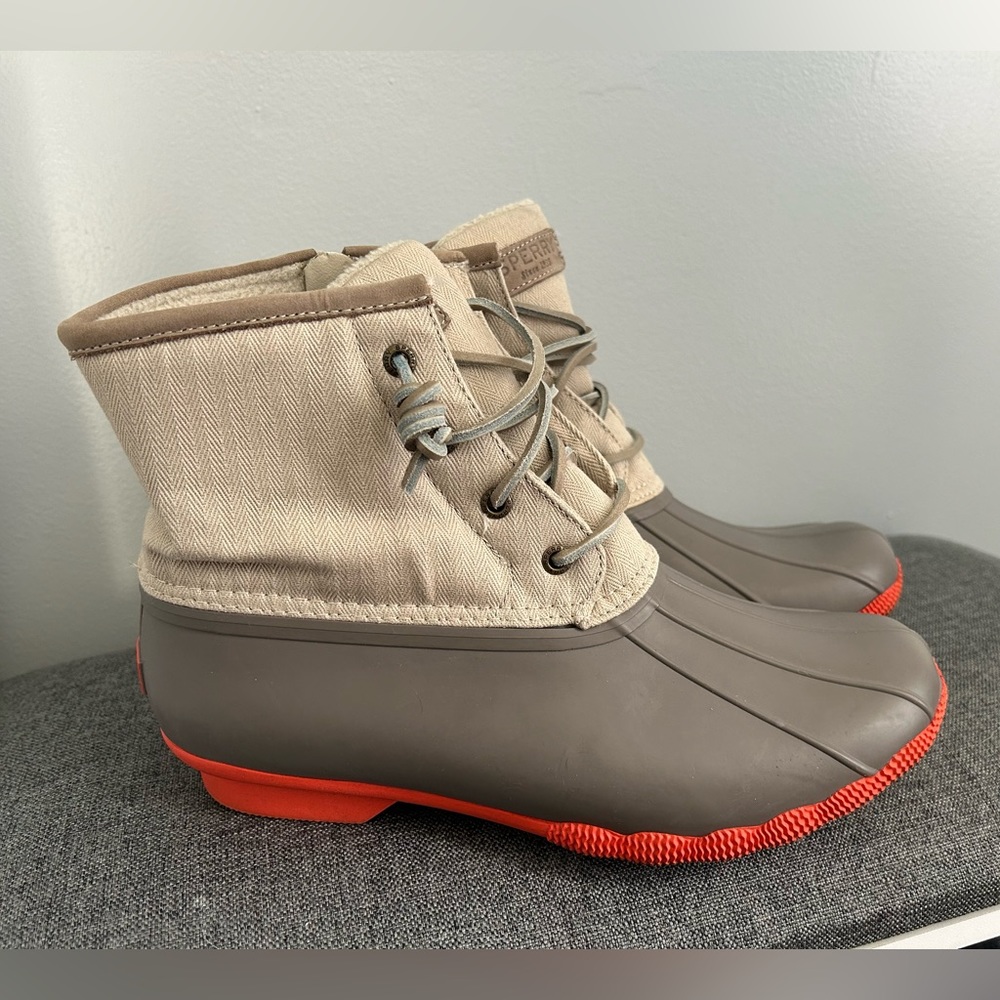 Sperry Top Sider Saltwater Taupe Coral Pop Duck Boots Womens 10